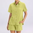 thumbnail image 4 of Dwellite Cotton Linen Short Sets 2 Piece Button Down Short Sleeve Shirts Cute Shorts Beach Vacation Lounge Matching Outfit Fluorescence Yellow 2XL, 4 of 4