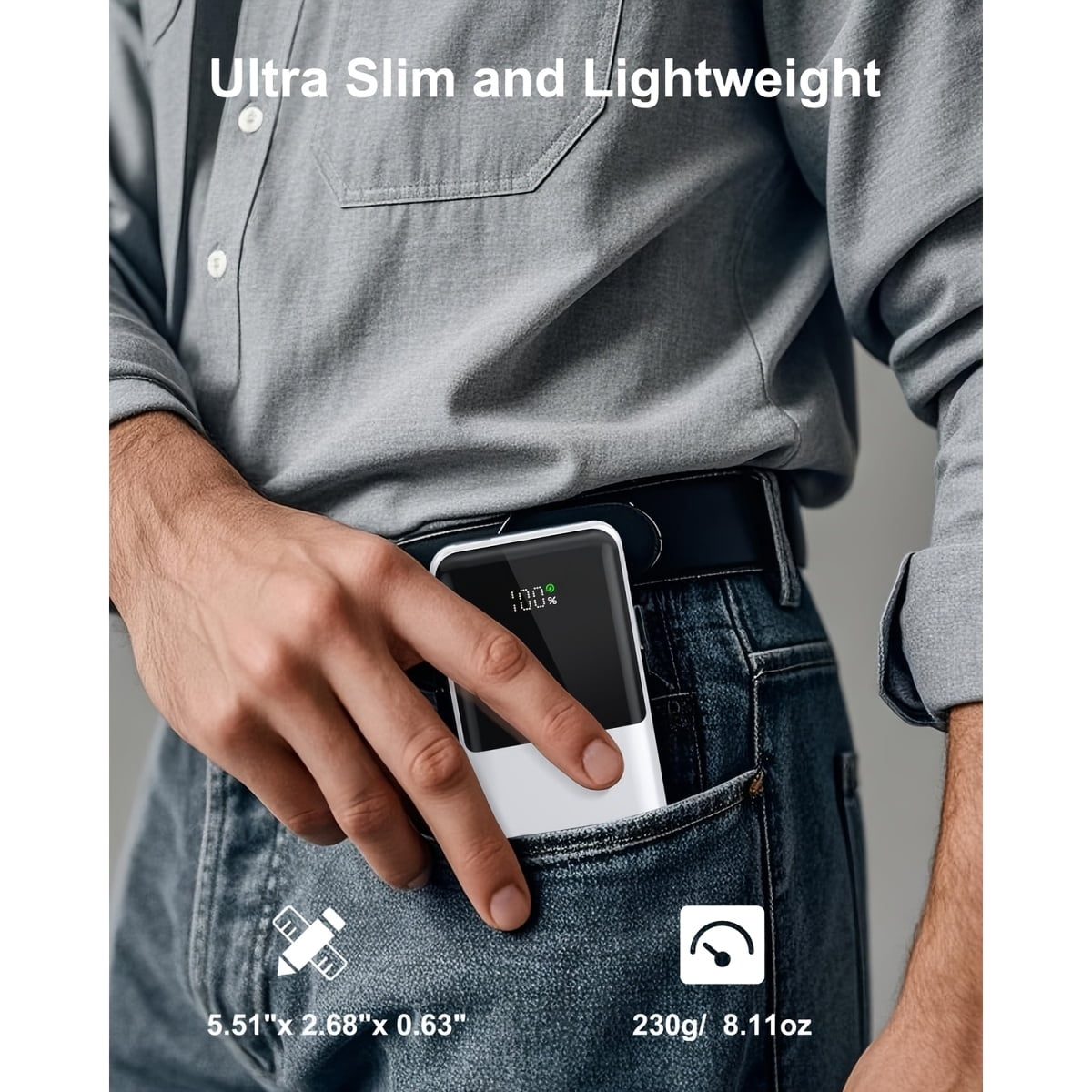 Portable Charger with Built-in Cables | Slim 10000mAh Travel Battery Pack, USB Type-C, 22.5W Fast Charging, Lithium Polymer Battery