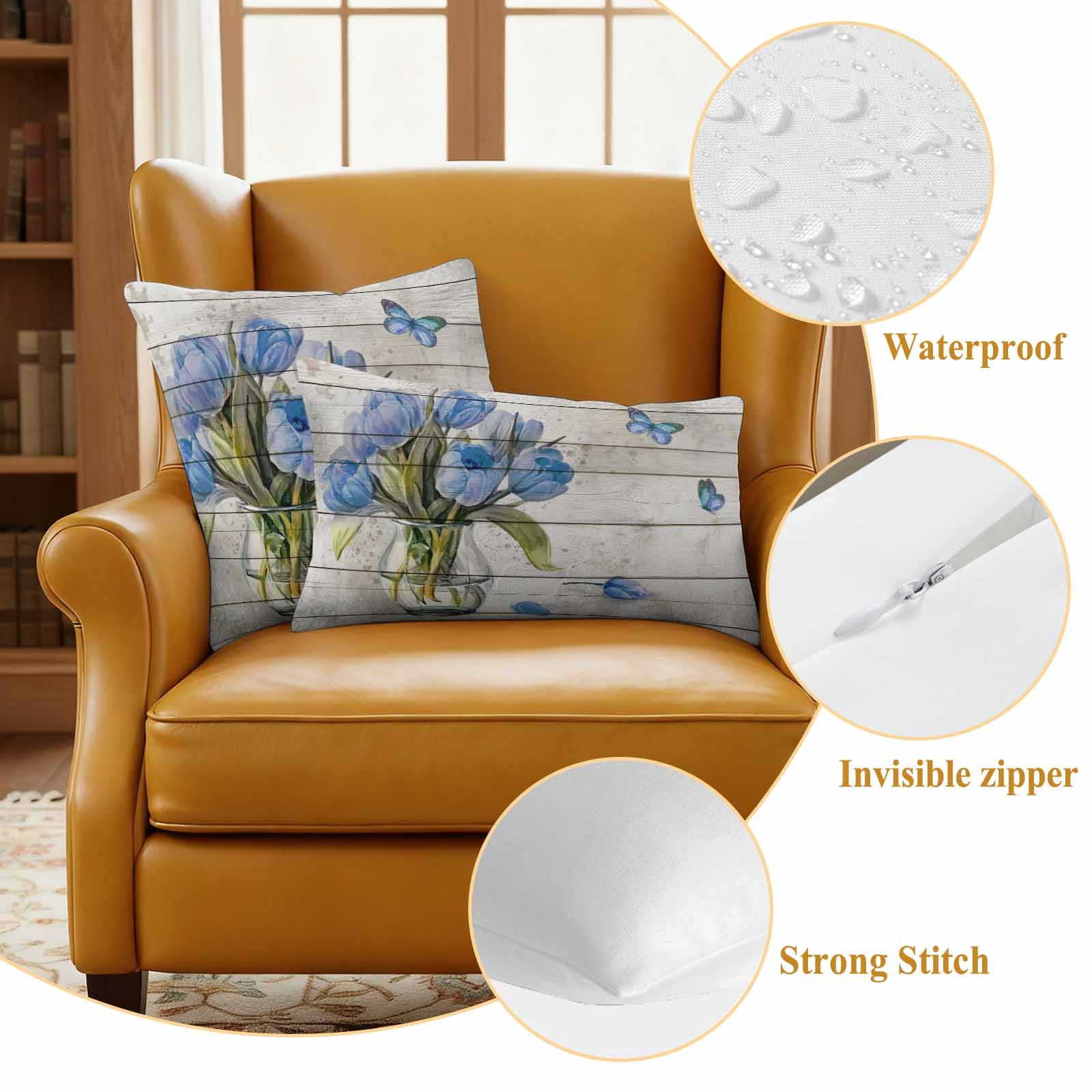 Blue Tulip Outdoor Waterproof Pillow Covers, Vintage Spring Floral Retro Art Butterfly Wooden Decorative Square Throw Pillowcase Sofa Cushion Sham for Patio/Couch/Chair, 20"x20" 2 Pack