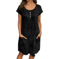 thumbnail image 3 of Laqbezok Women's Cotton Linen Dress, Casual Crew Neck Short Sleeve Loose Sundress with Pockets, Retro Button Henley T-Shirt Dress, 3 of 8