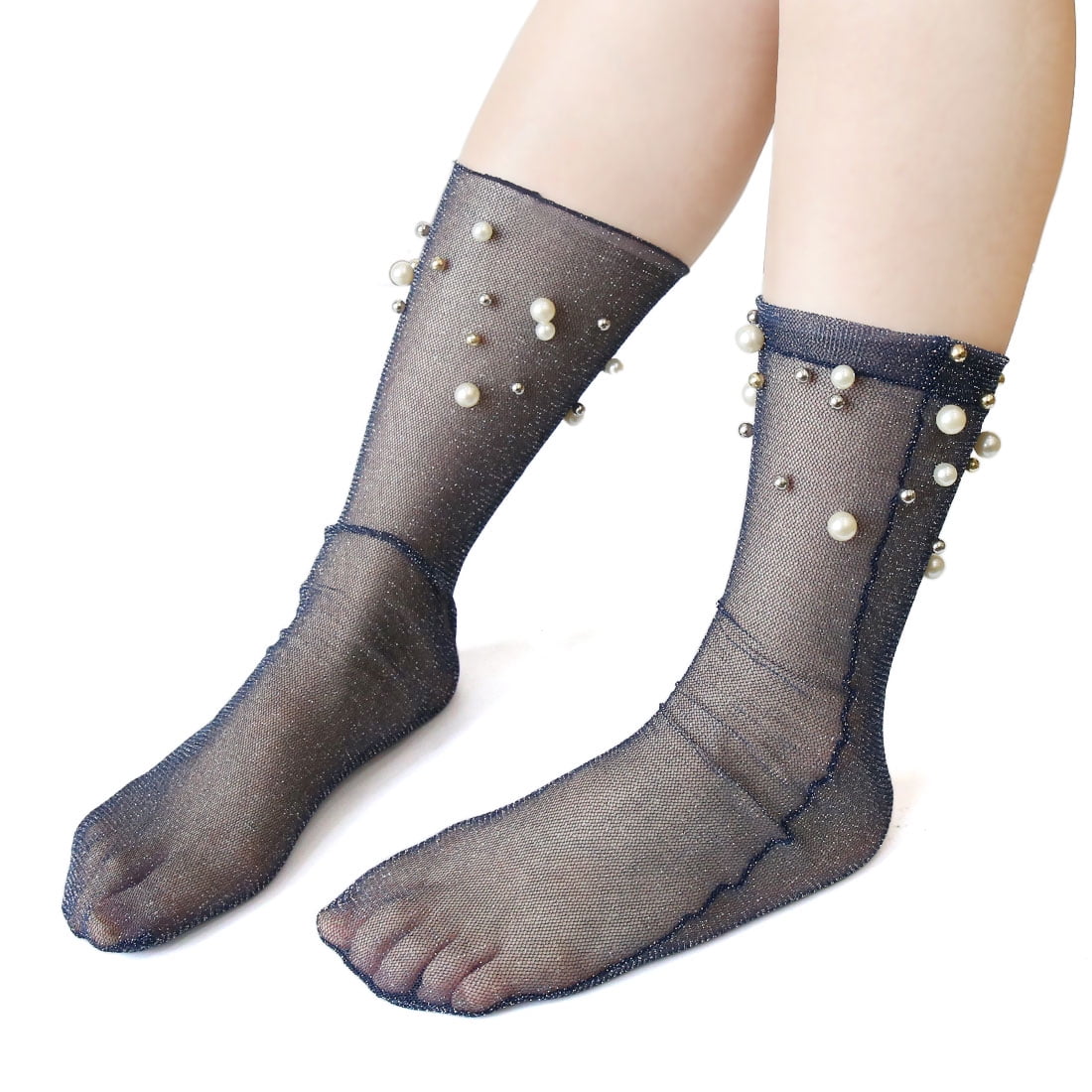 1 Pair Women Faux Pearl Decor Shiny Sheer Loose Socks Hosiery Slouch ...
