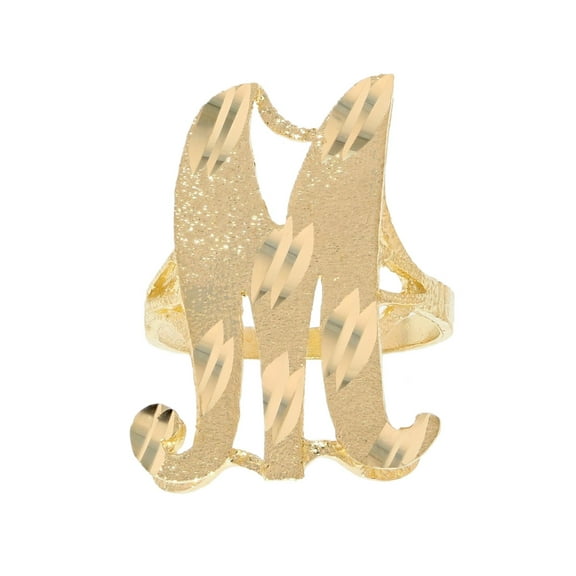 14k Real Yellow Gold Ladies Tendy Chic Diamond Cut Cursive Inital Letter M Ring