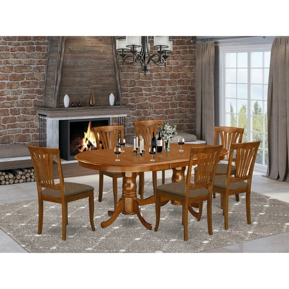 East West Furniture Plainville 7-piece Wood Dining Set with Linen Seat in Brown