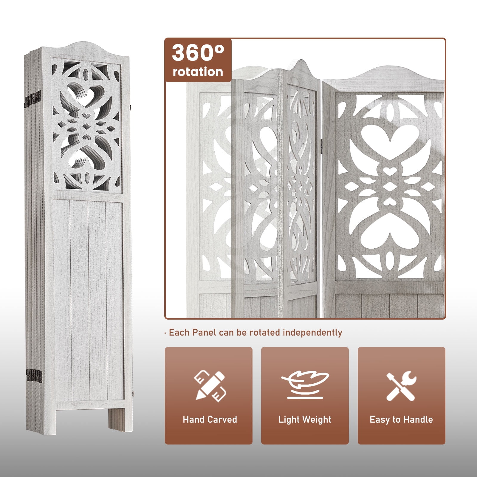 Aleesing 6 Panel Carved Room Divider, 5.6Ft Wood Fold Privace Screen, No Installation Require, White