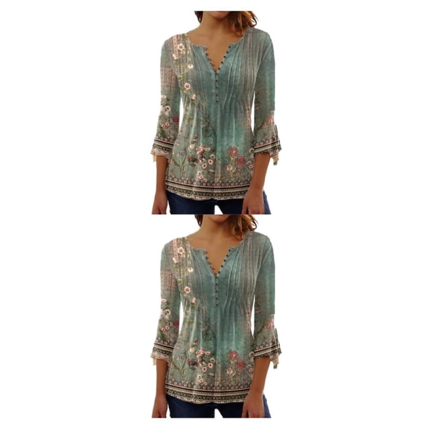 Minnieouse Tops de manga 3/4, camiseta oscilante, túnica de verano, atractiva, elegante, transpirable, frente, ropa de mujer elegante a la moda Verde XXL 2piezas