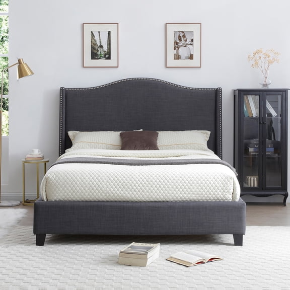 Hampton Linen Fabric Upholstered Full Platform Bed in Charcoal