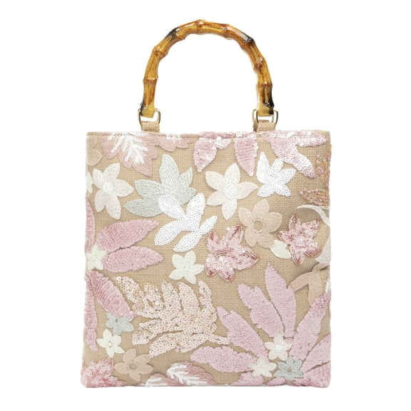 YIFEI Linen Pink Sakura Sequin Handbag Bamboo Handle Evening Clutch for Wedding Party