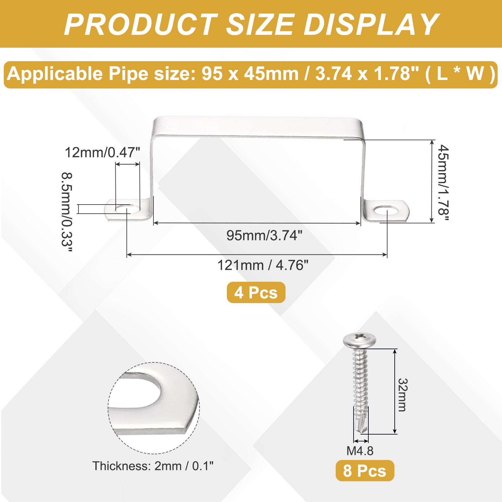 Uxcell 4Pcs U Shape Square Tube Clamp, 95x45mm U Shaped Bracket 304 Stainless Steel Square Strap Clamp with Phillips Head Self Drilling Screws for Pipes Door Closed Bar Holder Railings