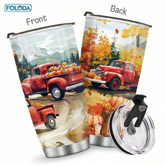 Foloda 1pc Thanksgiving Day Autumn harvest Red truck Pumpkin Cup, Pumpkin Christmas Birthday Gifts for Men Women, Red truck Water Bottle Coffee Mug,  20oz Travel Coffee Mug with Lid Outdoor Camping C