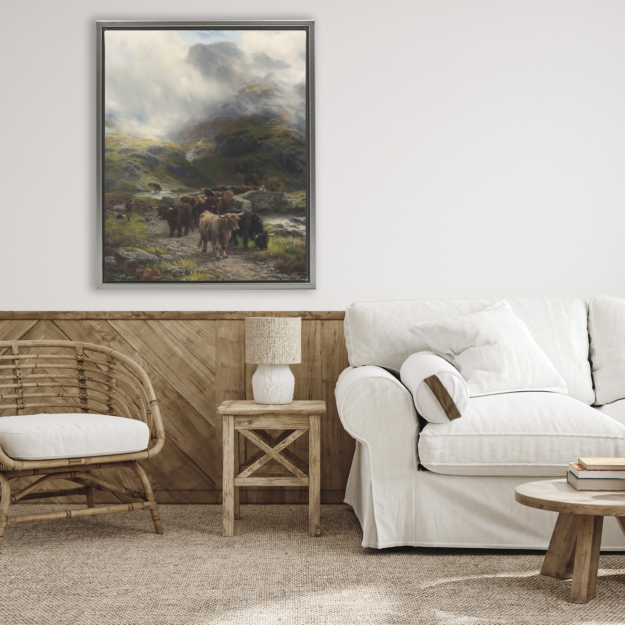 Stupell Industries Moody Highland Cows Herd Gray Framed Floater Canvas Wall Art, design by Arlington Prints