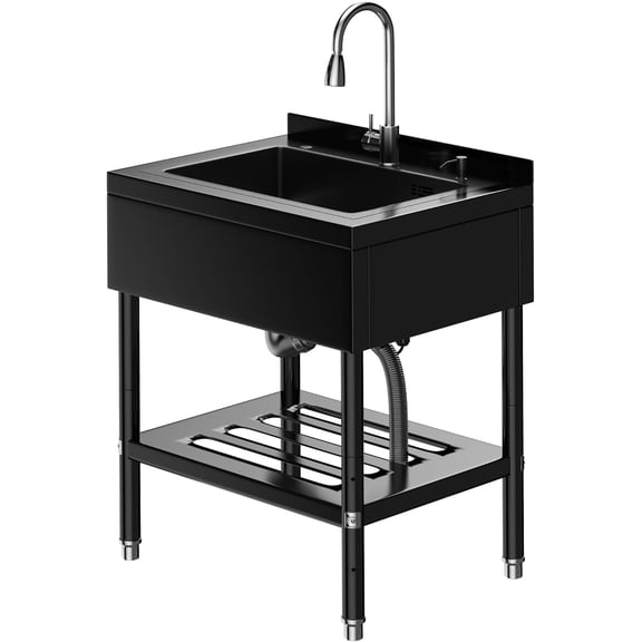QinaQin Stainless Steel Utility Sink,25.7" × 20.7" × 39.5 Freestanding Sink with Cold and Hot Water Faucet,Includes Drain Kit & Hoses,Black