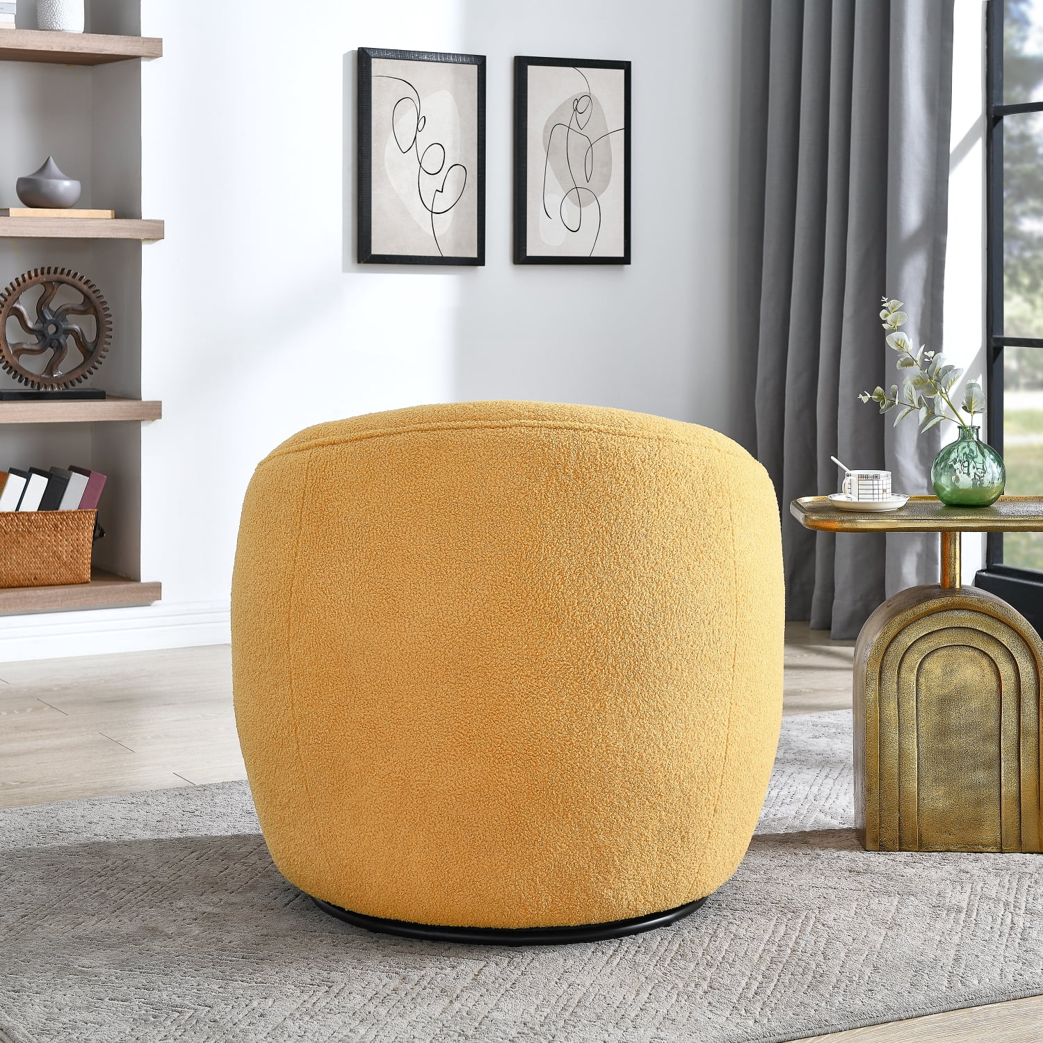Roundhill Furniture Galleria 360 Swivel Teddy Sherpa Barrel Chair, Yellow
