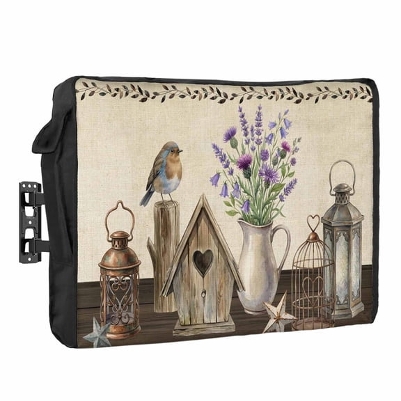 Floral Vases Waterproof Outdoor TV Cover, Vintage Birds Cages Birdhouse Linen Texture Outside Weatherproof TV Enclosures for 60 to 65 Inch LCD Television Shield Flat Screen Protectors