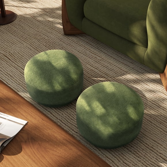 Fuji 15" Mushroom Footstool Ottoman with Moss Green Fleeced Teddy Fabric