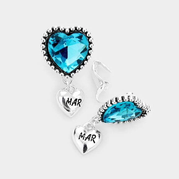 March Birthstone-clip on 1 1/2" silver and turquoise stone heart earrings with dangle heart
