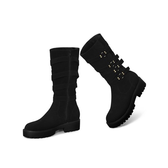 BLISSFUL STEP Round Toe Platform Buckle Chunky Heel Knee High Boots for Women Black 6