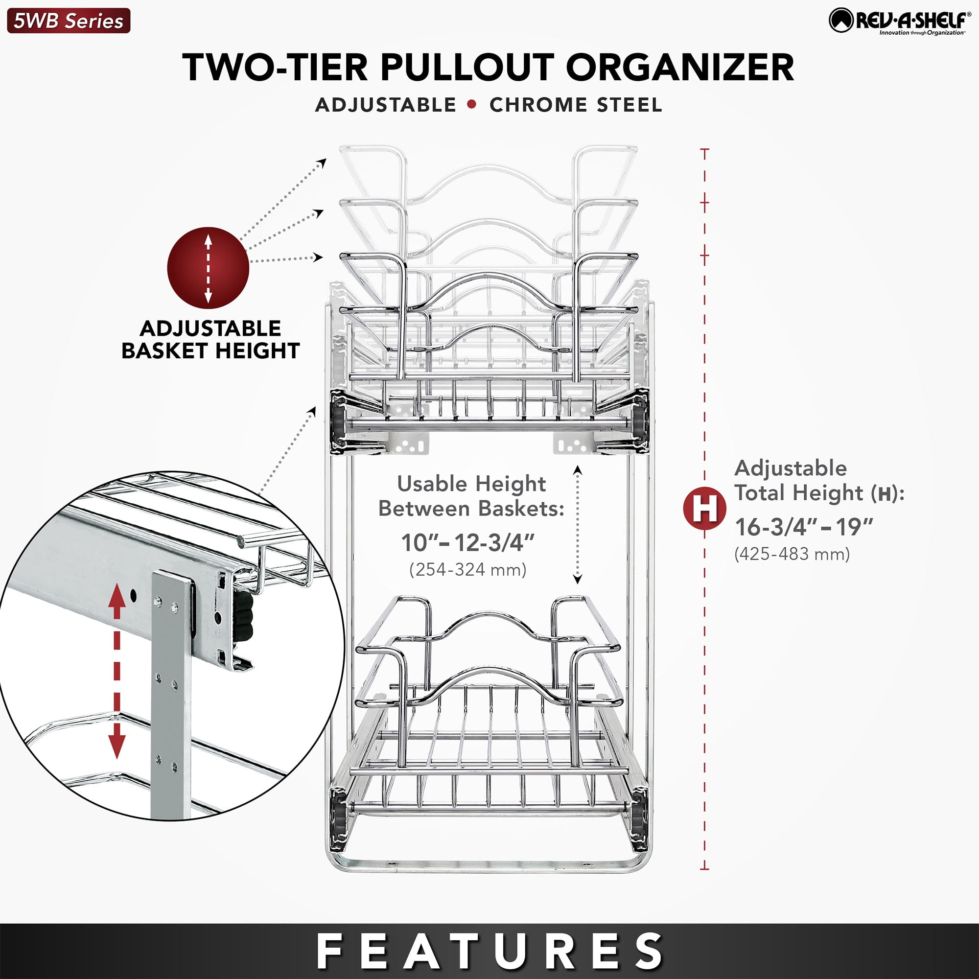Rev-A-Shelf 5WB2-0922CR-1 9 x 22 In 2-Tier Wire Pullout Cabinet Drawer Basket