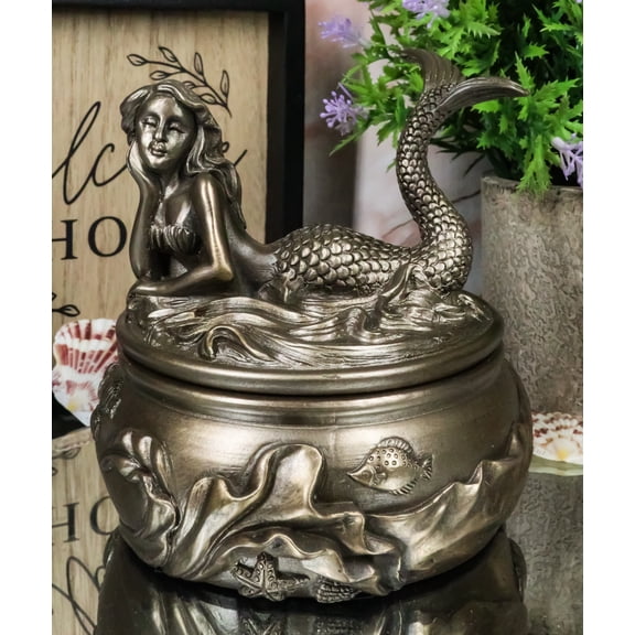Ebros Fantasy Mermaid Resting With Under The Sea Fishes Jewelry Trinket Box