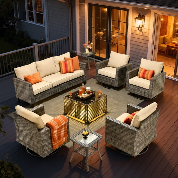 ODELIO 8-Piece Wicker Patio Furniture Set, PE Rattan Outdoor Conversation Set with Swivel Rocking Chairs & LED Lighted Coffee Table, Patio Seating for Backyard, Porch & Deck, Beige