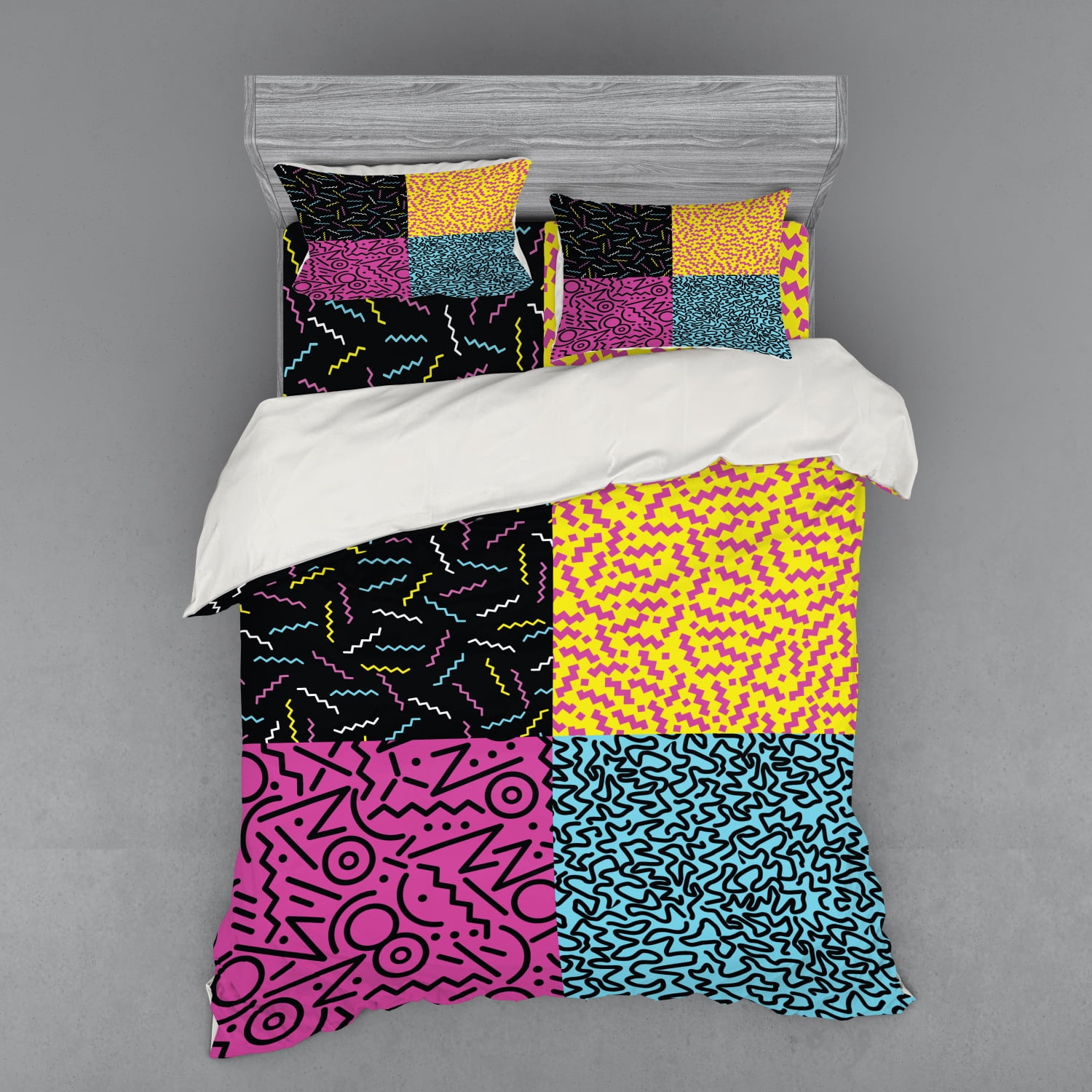 Indie Duvet Cover Set, Vintage Eighties Fashion Style Patterns Colorful