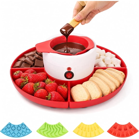 Electric Chocolate & Cheese Fondue Pot Set, Melting Pot with 4 Serving Trays and 4 Silicone Molds for Fruit, Candy, Desserts and Parties