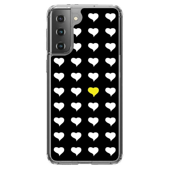 DistinctInk Clear Shockproof Hybrid Case for Galaxy S21 5G (6.2" Screen) - TPU Bumper, Acrylic Back, Tempered Glass Screen Protector - Yellow White Black Repeating Hearts