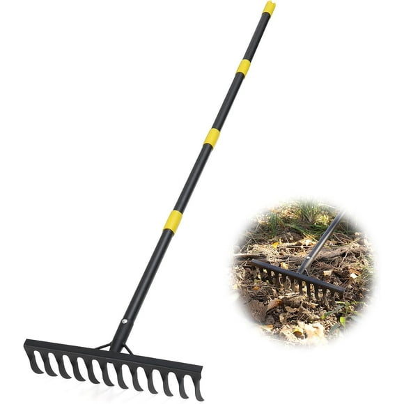 shiyou-Garden Rake Heavy Duty, 74 Inch Metal Rake with 12 Tines, Bow Rake with Long Handle for Loosening Soil Leveling Lawn Farming Land, Black