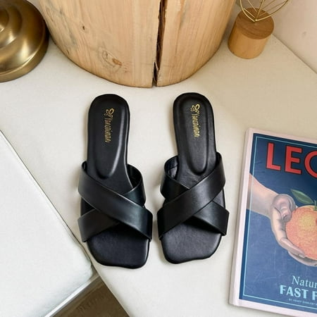 

Womens Square Open Toe Flat Sandals Faux Leather Strap Criss Cross Flat Mule Slides Tie Up Slippers Two Straps Low Heel Sandal