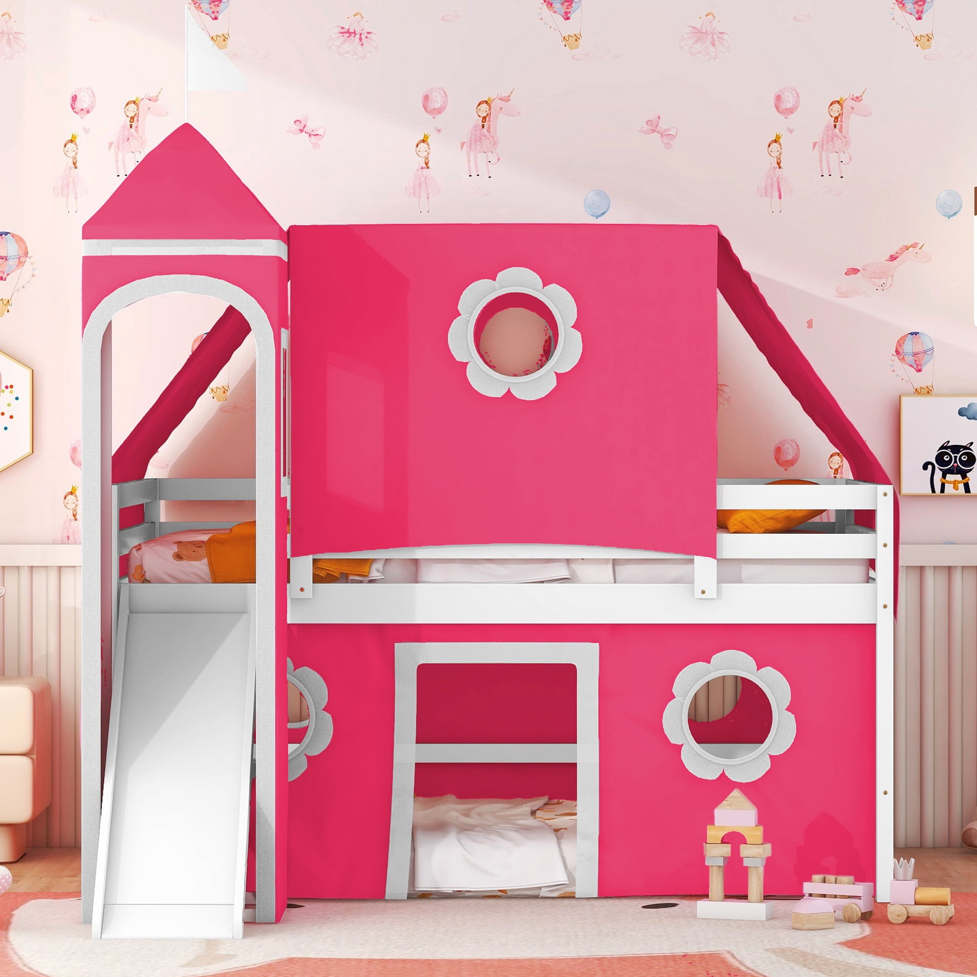 Aukfa Full Size Loft Bed with Slide - Princess Castle Bed with Tent and Tower for Kids Girls - Pink