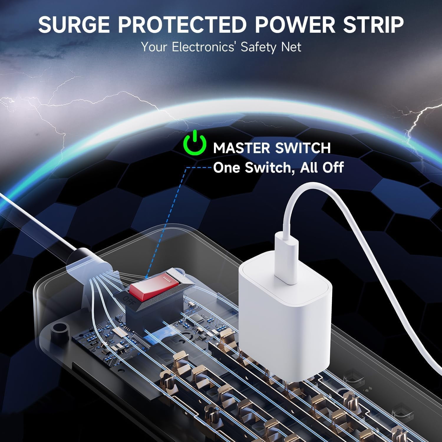 ZHANGONG Surge Protector with 12 Outlets 4 USB Ports, 2000J Power Strip, 5ft Flat Plug Extension Cord, Wall Mountable for Home and Office