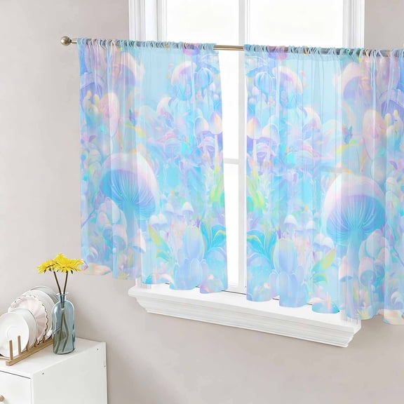 Blue Pink Mshroom Sheer Curtains 54 Inch Length 2 Panels Set, Contemporary Botanical Butterfly Art Voile Window Treatment Rod Pocket Short Kitchen Curtains Drapes for Bedroom 52"x54"x2