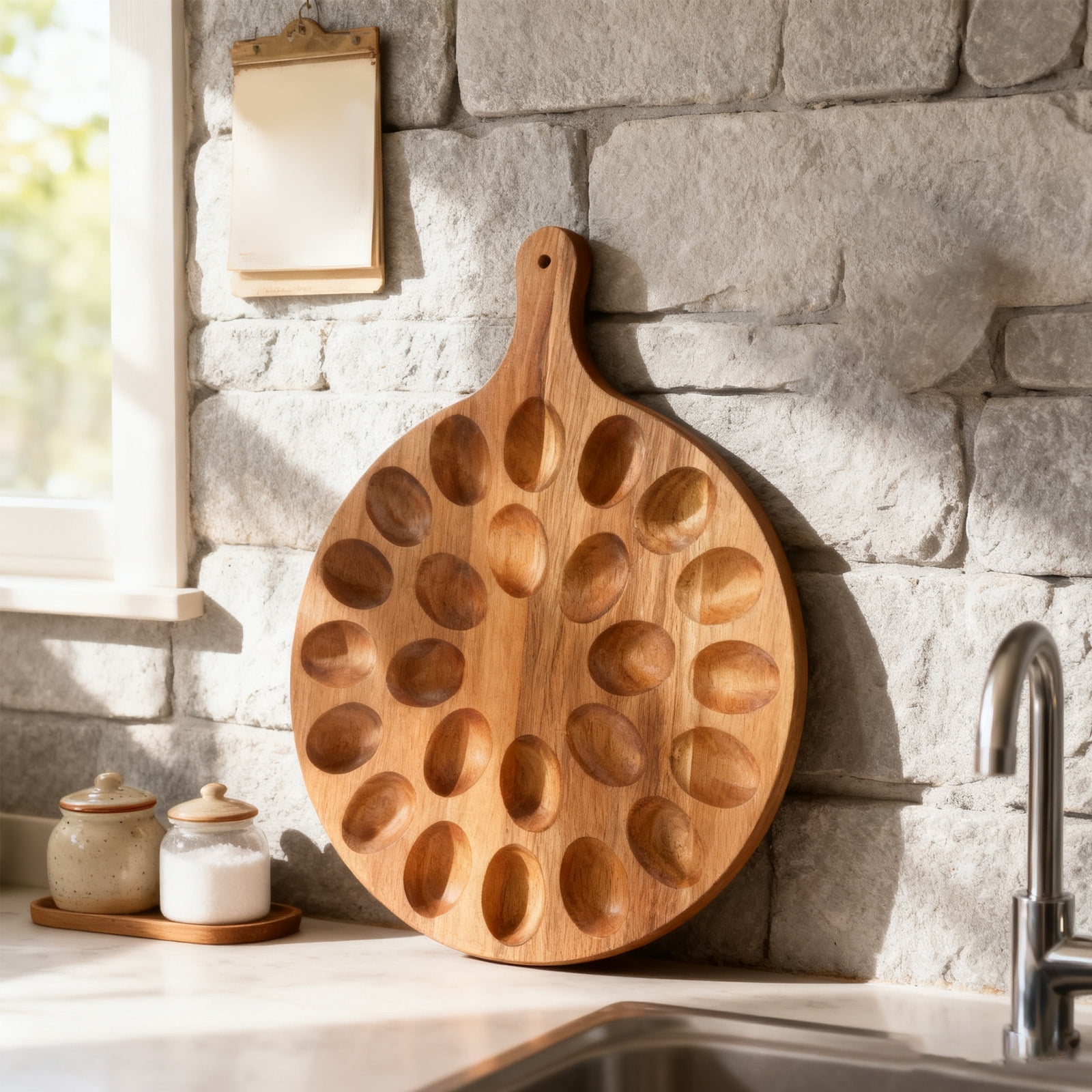 24-Slot Deviled Egg Platter, Reversible Wood Charcuterie Board, Easter Egg Tray with Handle for Kitchen, Parties & Holiday Festivities