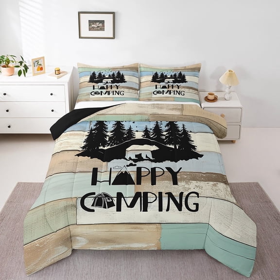 Erosebridal Happy Camping Bedding Twin Comforter Set,Animal Bear Down Comforter,Rustic Cabin Bedding Sets Twin with Comforter,Microfiber Vintage Bedroom Decorative,Reversible,3pcs