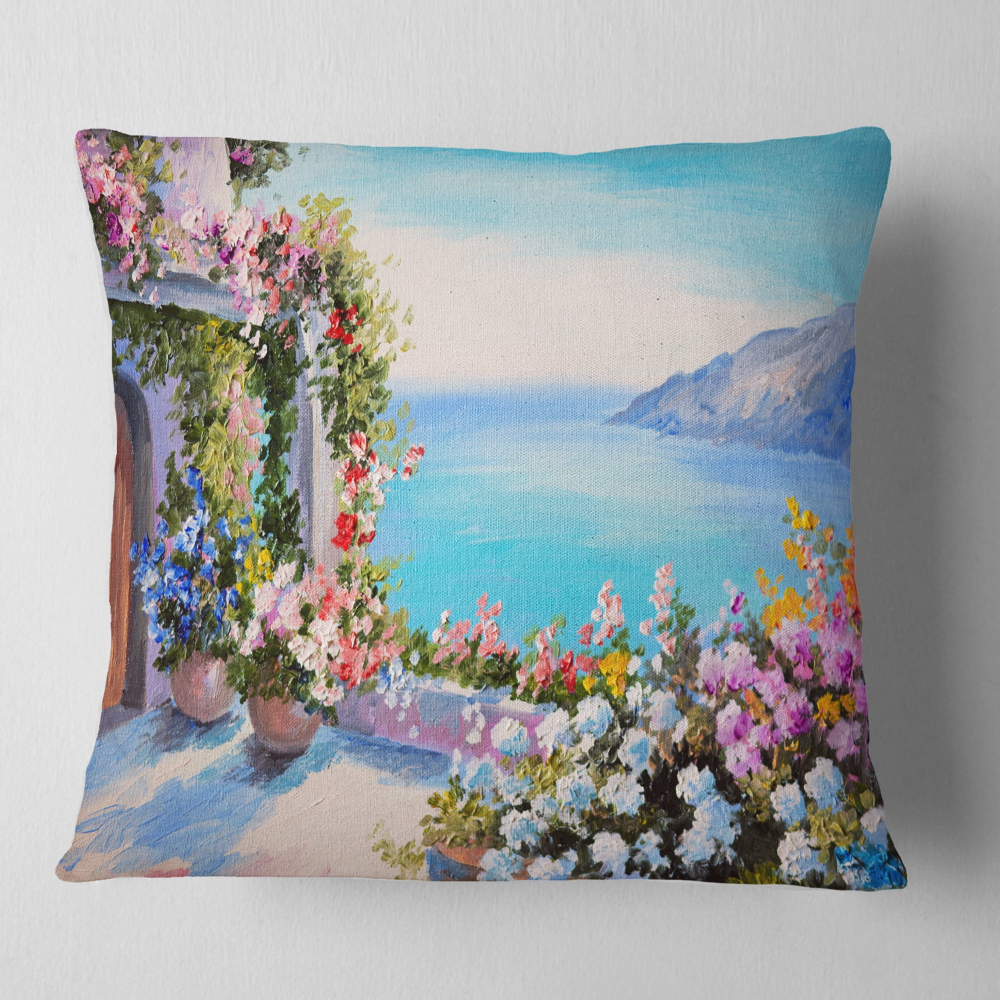 Designart Sea and Flowers - Landscape Printed Throw Pillow - 16x16