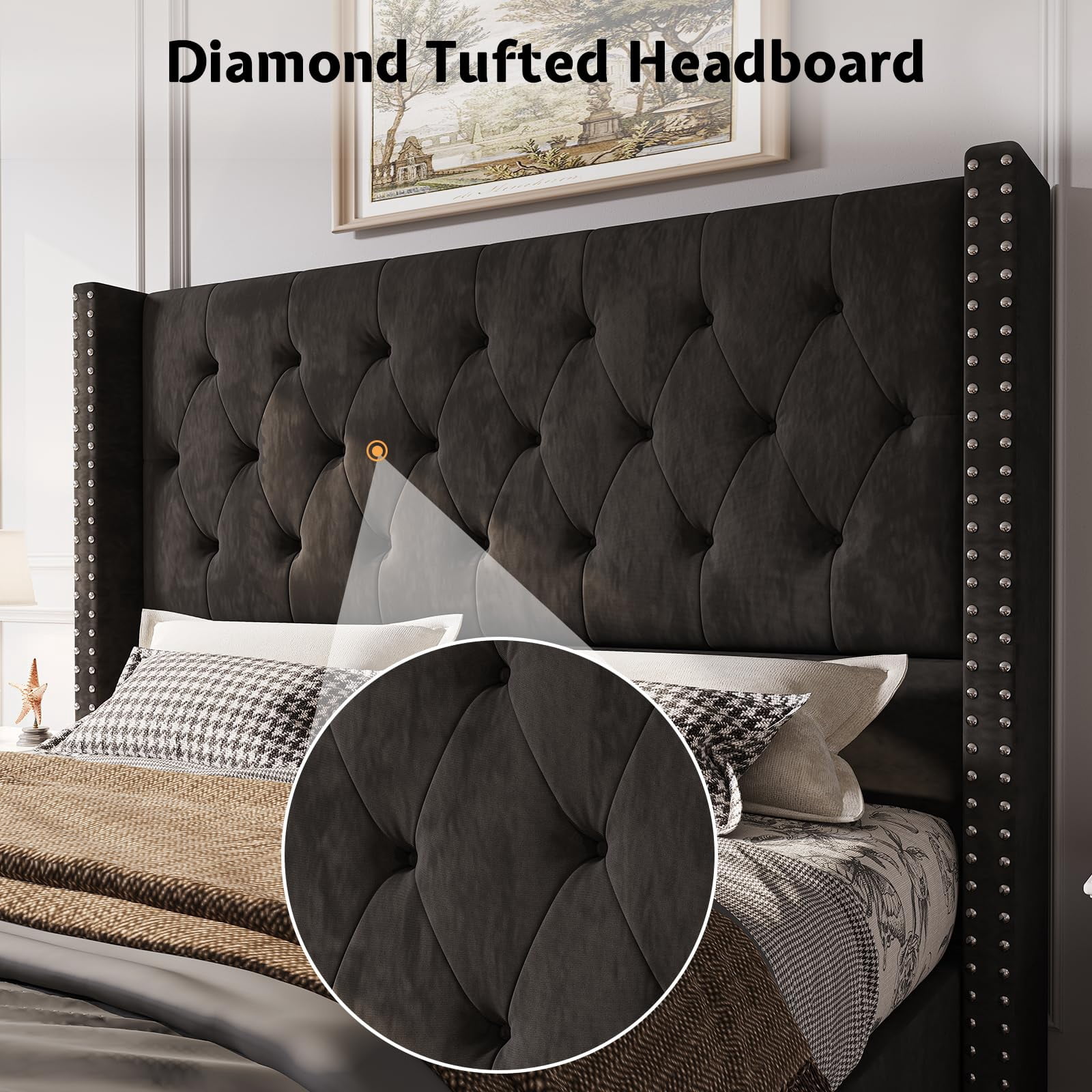 VanAcc Queen Size Bed Frame,Upholstered Velvet Low Profile Platform with Raised Wingback Headboard,Black