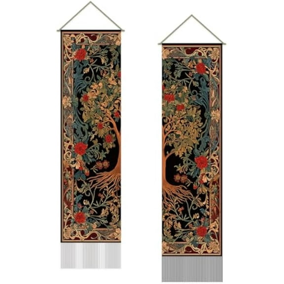 Folk Pattern Tapestry Life Of Tree Wall Art Decor Tapestry Vintage Wall Blanket 2 Tapestries Long Tapestry Wall Hanging with Tassel for Living Room Bedroom Dorm Decor Wall Decor Gifts