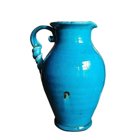 Vintage Old World Hand Thrown Heavy Aqua Blue Water Jug with Twisted