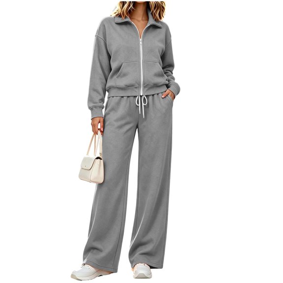 Ozmmyan Womens Zip Up Jacket and Wide Leg Sweatpants Set 2 Piece Collar Long Sleeve Sweatshirt Jacket with Drawstring Pants Lounge Set Winter