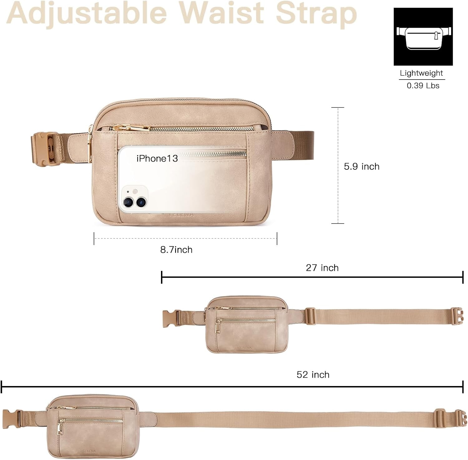 Fanny Packs for Women Cross Body Bag Leather Belt Bag Fashionable Waist Bag with Adjustable Strap Beige Brown