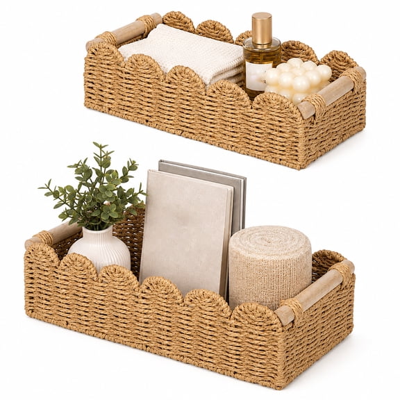 2-Pack Wicker-Style Paper Rope Storage Baskets with Wood Handles, Scalloped Baskets for Bathroom Kitchen Living Room, Countertop Organizer