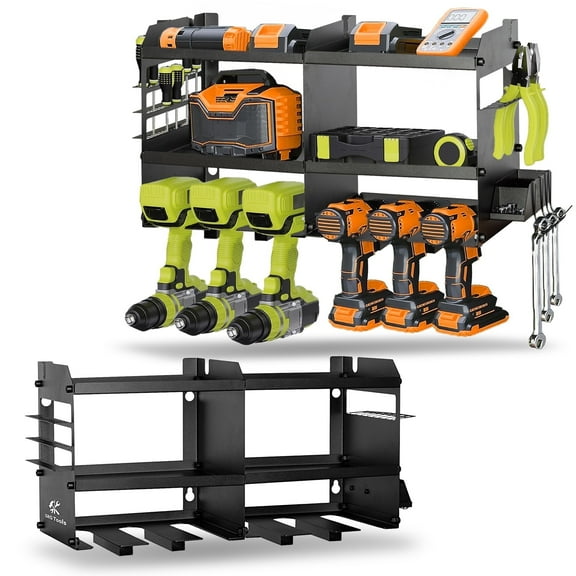 Premium Power Tool Organizer for Garage- 6 Slot Tool Holder, Wall-Mountable Pegboard with Side Storage for Screws & Bolts, Heavy Duty Steel Design