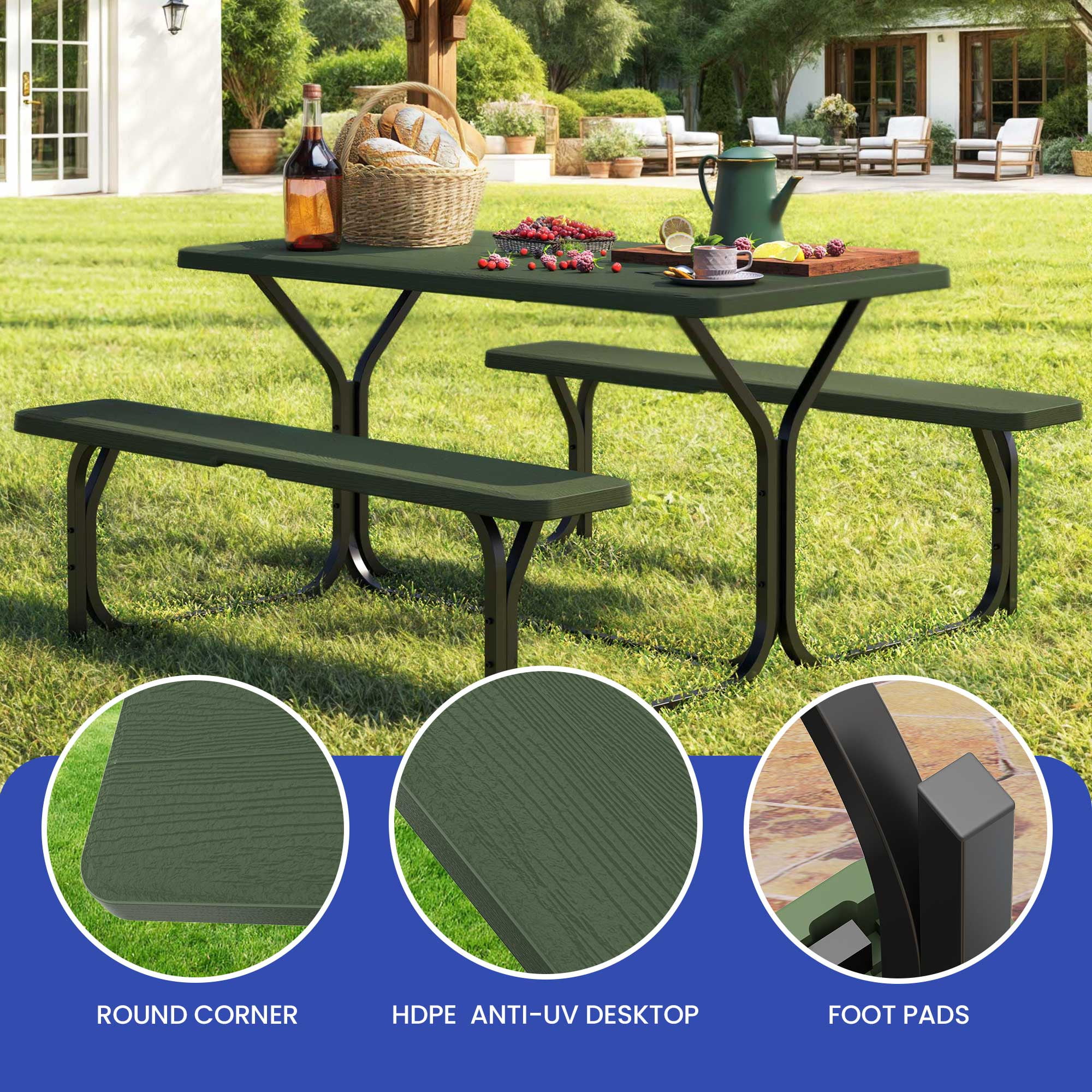 Uforic 6ft Outdoor Picnic Table Set with Benches, Sturdy Steel Frame & Wood-Grain Tabletop, Weather-Resistant w/Umbrella Hole, Green
