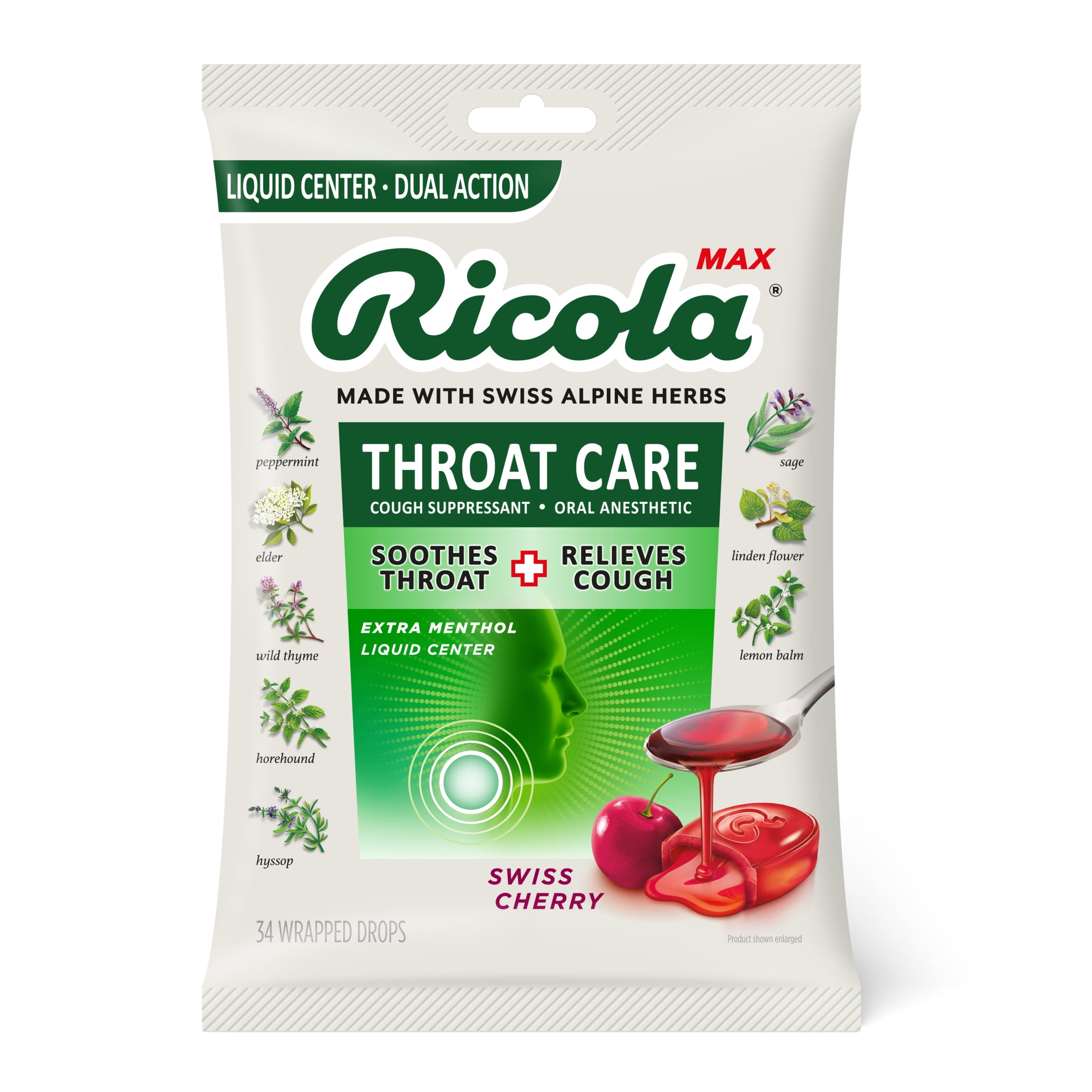 Ricola Max Throat Care Swiss Cherry Cough Drops, 34 Count