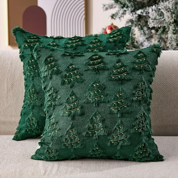 Christmas Tree Decorative Throw Pillow Covers Set of 2, 18x18" Soft Fluffy Pillow Cases, Faux Fur Fuzzy Pillows Covers Winter Holiday Cushion Cases for Sofa Couch Bedroom Living Room Home Décor