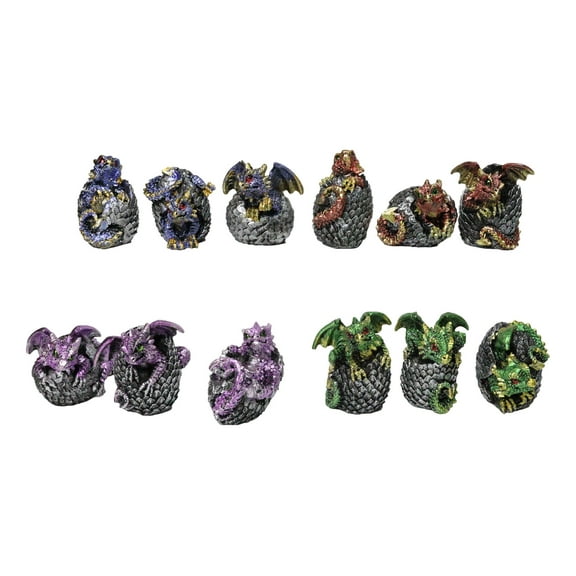 Set of 12 Metallic Red Green Purple Blue Baby Dragons In Eggs Mini Figurines