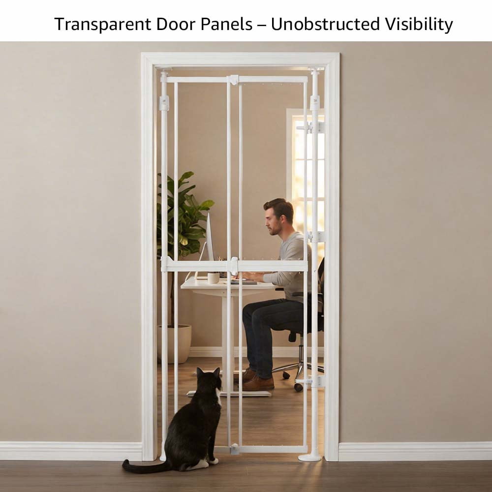 unipaws Transparent Cat Safety Gate, 75"-98" Height and 21"-34" Wdie Adjustable, Auto Closing and No Drilling, Extra Tall Cat Door for Doorway, Stairs, White