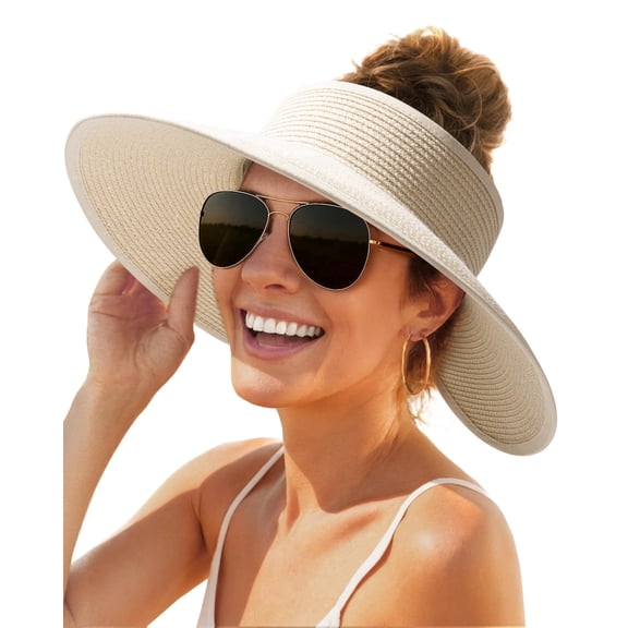 FURTALK Sun Hats for Women Wide Brim Beach Hat Straw Visor Ponytail Summer UV Packable Foldable Beach Vacation Essentials