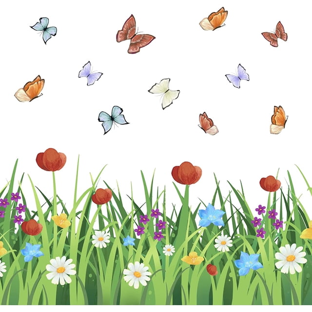 Calcomanías de pared con flores de mariposa de colores, tulipanes, crisantemos, flores silvestres, decoración de pared de pastizales, vinilo decorativo de pared.