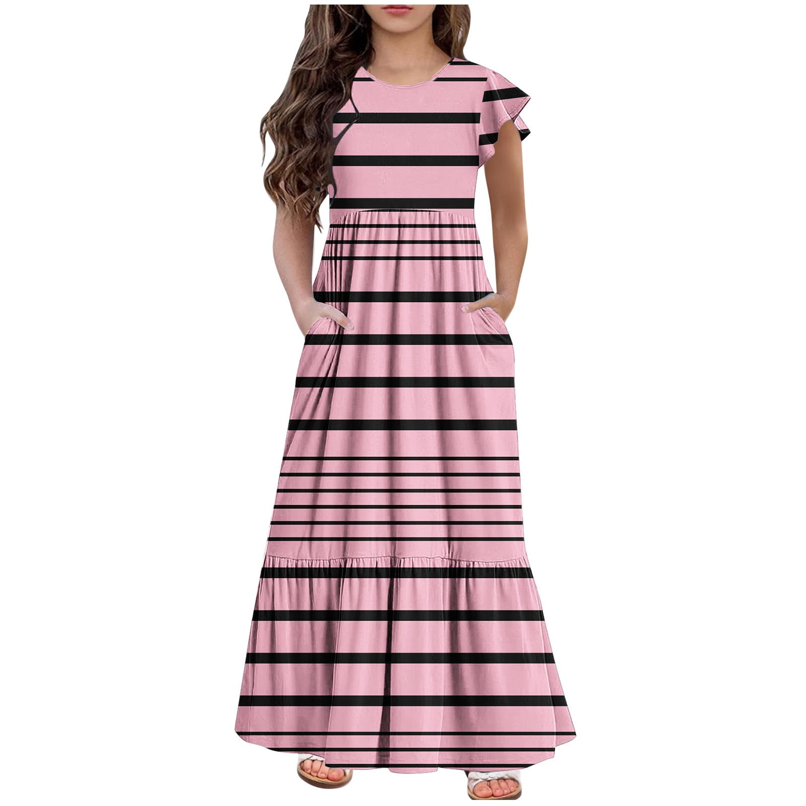 2 Pack 2025 Girls Dresses with Pockets 6-12 Years Kids Ruffle Short Sleeve Trendy Stripe Printed Crewneck Going Out Long Maxi Dress