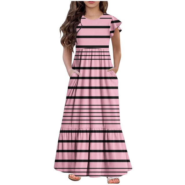 Bwiyojiz Tailles Mode 130-160 Robe d'Été pour Filles à Manches Courtes Imprimée à Col Rond